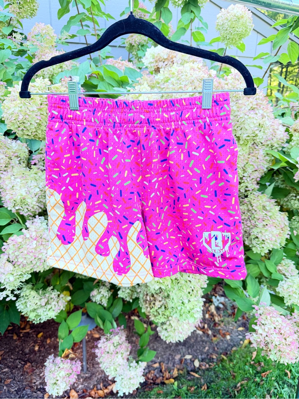 Kids Pink Sprinkle Athletic Shorts with Ice Cream Drip Motif